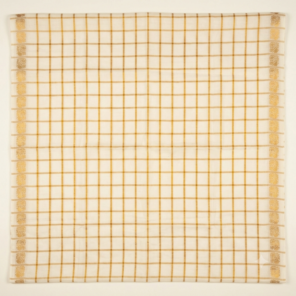 Off-White Handloom Sungudi Cotton Saree with Zari Grid Checks and Traditional Motif Border