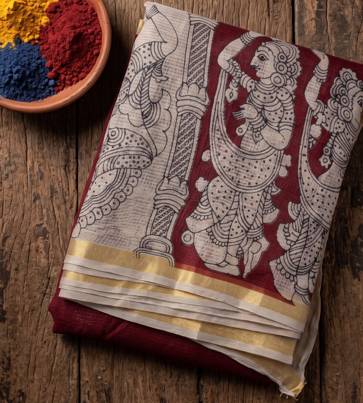 Red Kota Cotton Kalamkari Print Saree