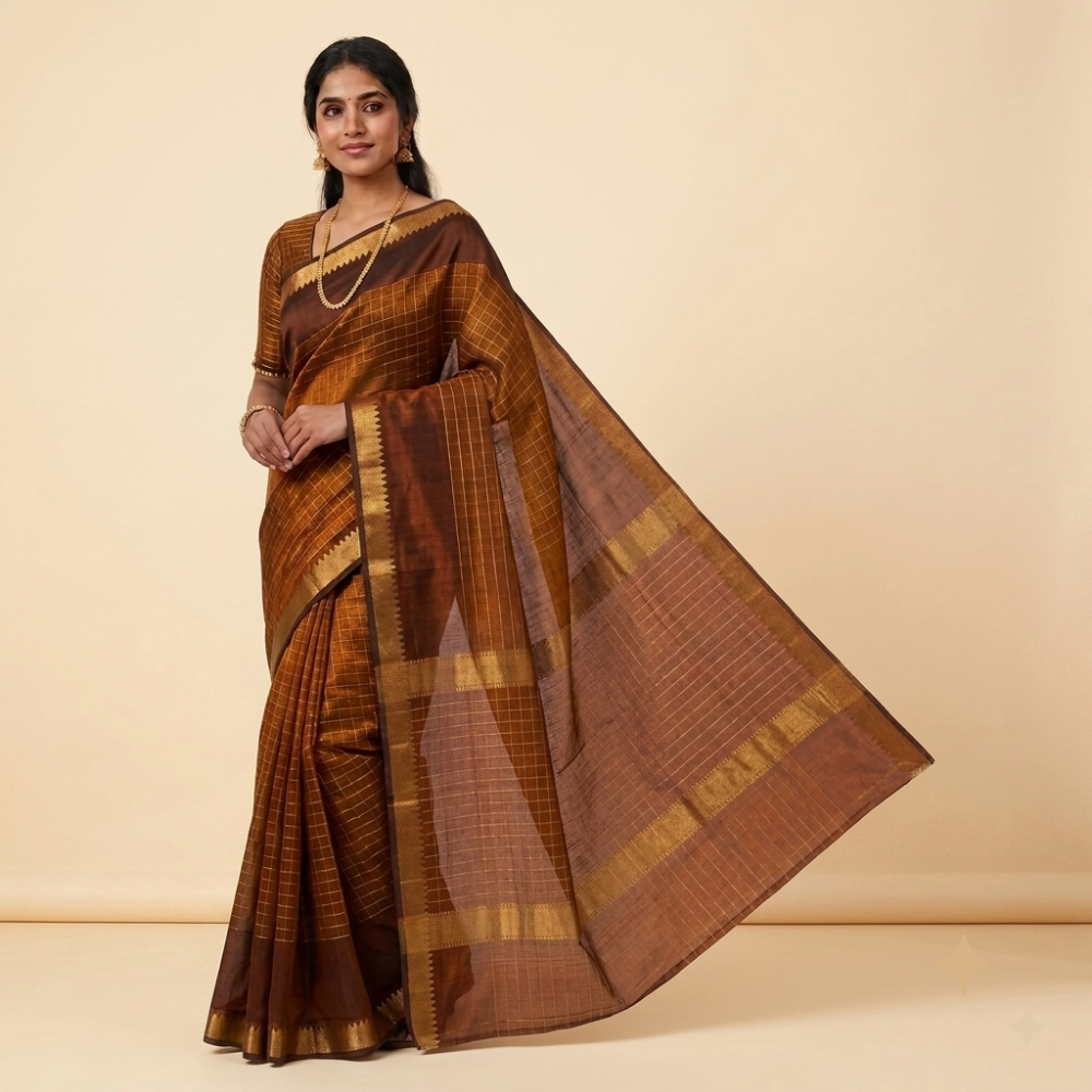 Bronze Colour Mangalgiri Silk Cotton Checked Sarees