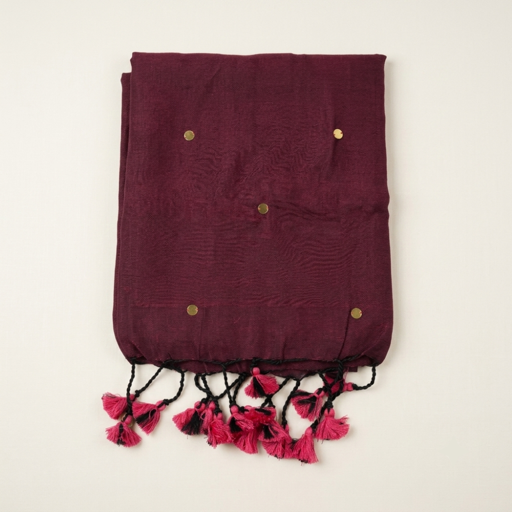 Deep Maroon Handloom Cotton Saree with Gini work and Tassels