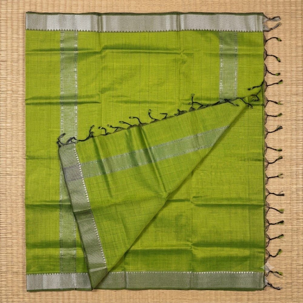 Vibrant Lime Green Handloom Mangalagiri Silk Cotton Saree with Silver Zari 100 Border