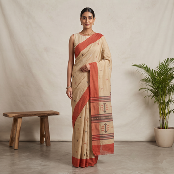 Natural Beige Mul Cotton Saree with Rust Red Contrast Border & Hand-Woven Motifs