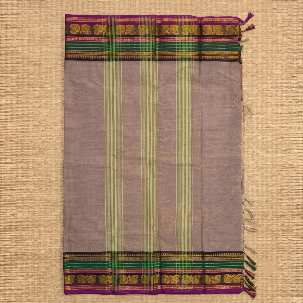 Taupe Brown & Emerald Green Handloom Temple Border Kanchi Cotton Saree