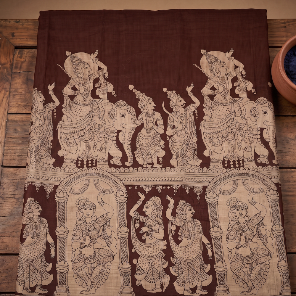 Brown Kota Cotton Kalamkari Print Saree