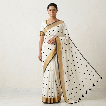 Ivory Off-White & Black Handloom Heart Motif Mul Cotton Saree