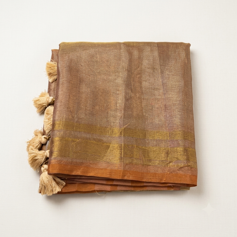 Beige Handloom Linen Cotton Saree with Metallic Zari Stripes and Copper Border