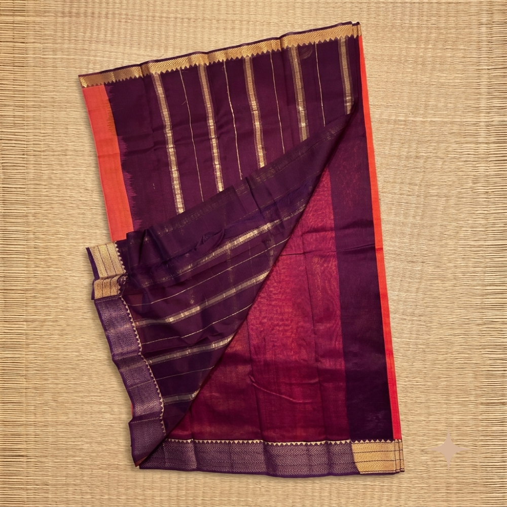 Vibrant Orange & Purple Handloom Mangalagiri Silk Cotton Saree with Golden Zari 50/150 Border  Description: