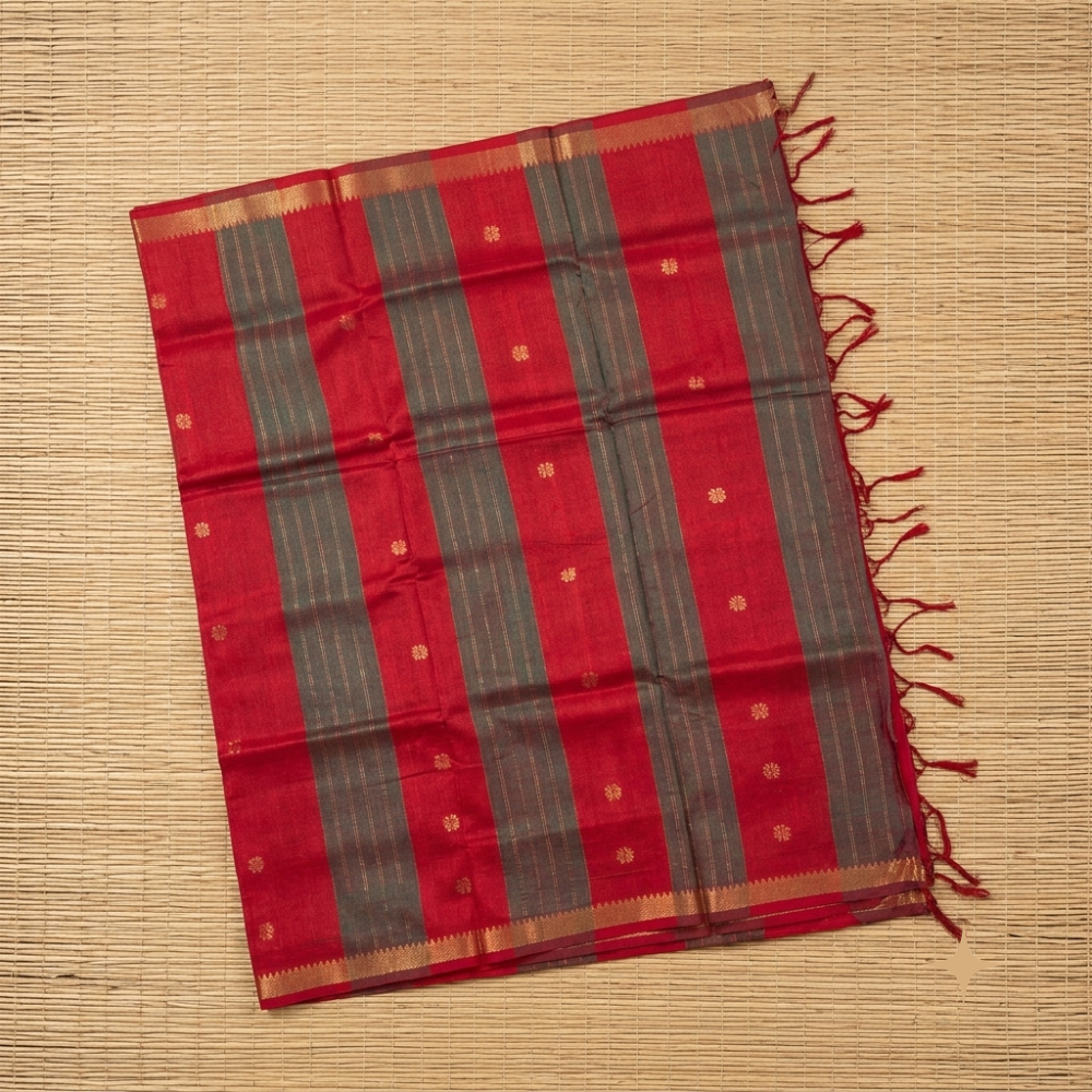 Vibrant Red & Olive Grey Handloom Mangalagiri Silk Cotton Saree with Golden Zari Butis