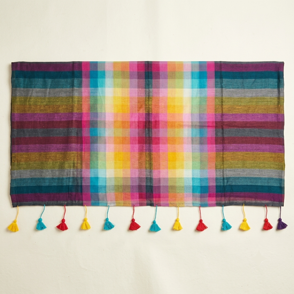 Multicolor Rainbow Stripe & Checkered Handloom Mul Cotton Saree