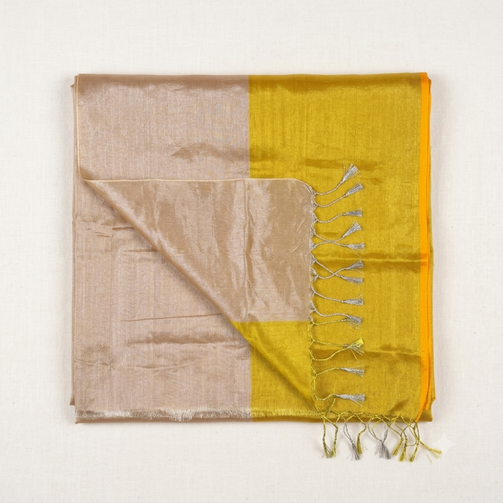 Champagne Gold and Mustard Yellow Handloom Tissue Cotton Saree with Contrast Border