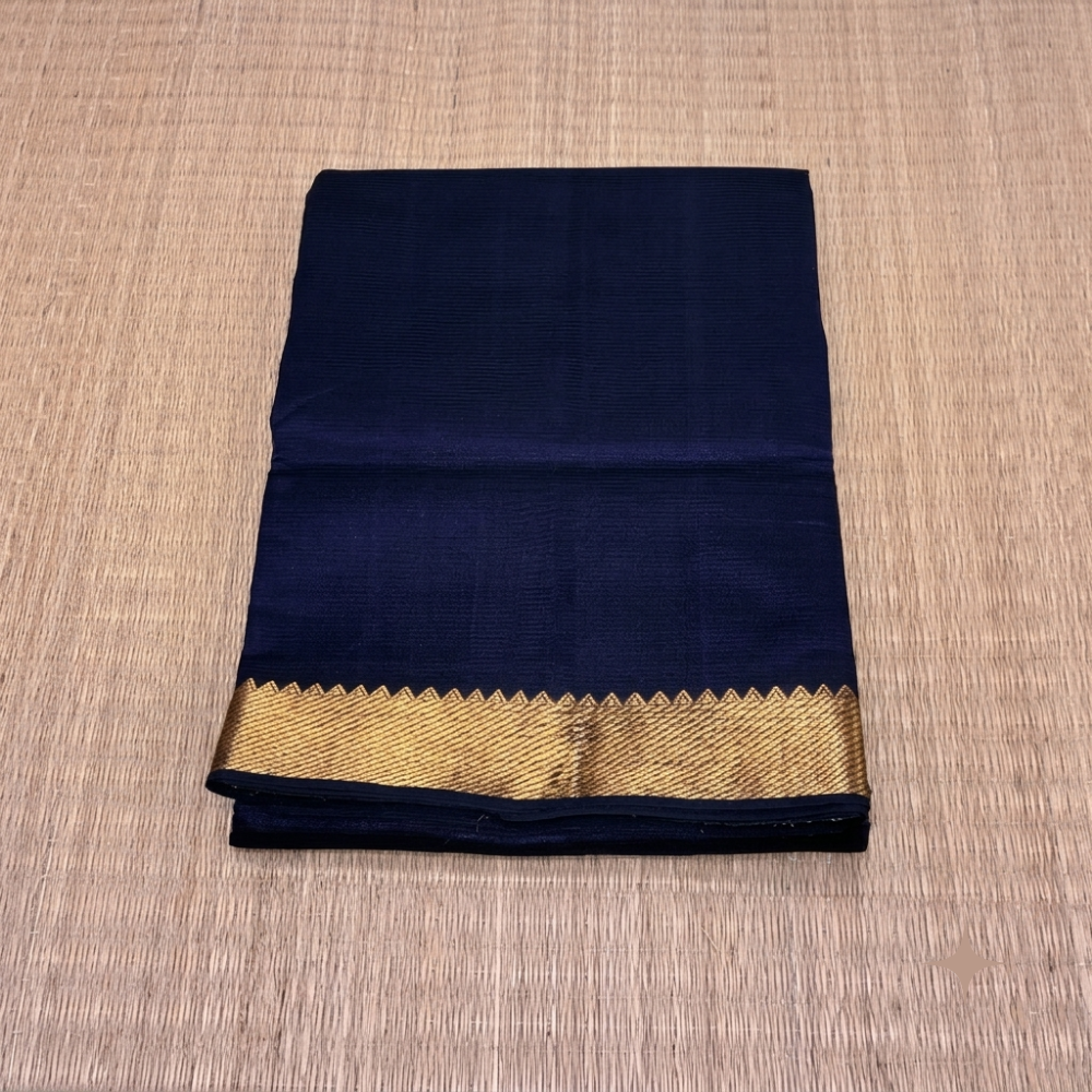 Title:  Royal Navy Blue Handloom Mangalagiri Silk Cotton Saree with Golden Zari 100 Border