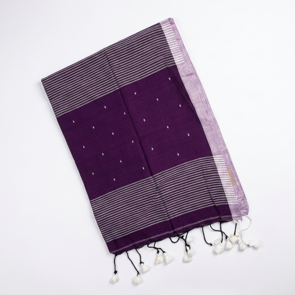 Deep Plum & Silver Accent Handloom Mul Cotton Saree