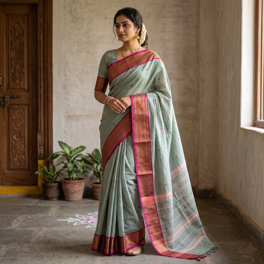 Sage Green Kanchi Cotton Saree with Rani Pink Zari Border