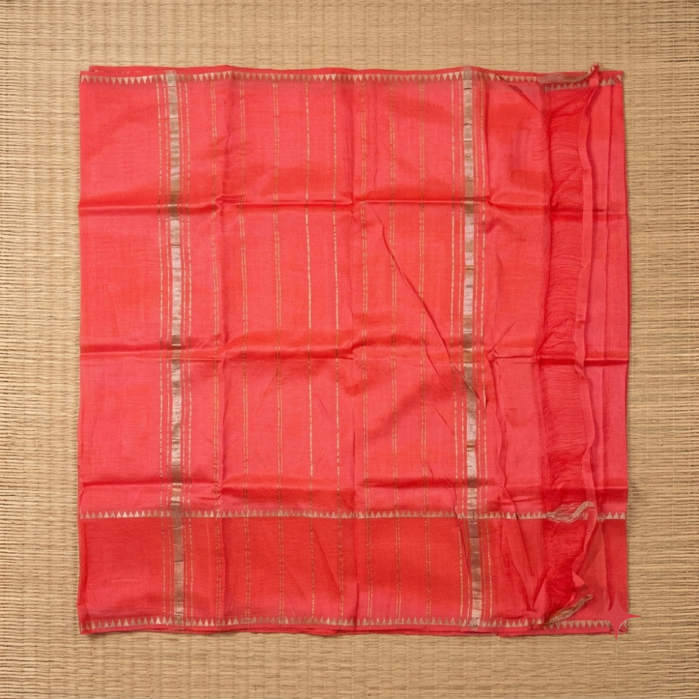 Vibrant Coral Red Handloom Mangalagiri Silk Cotton Saree with Silver Zari Gap Border