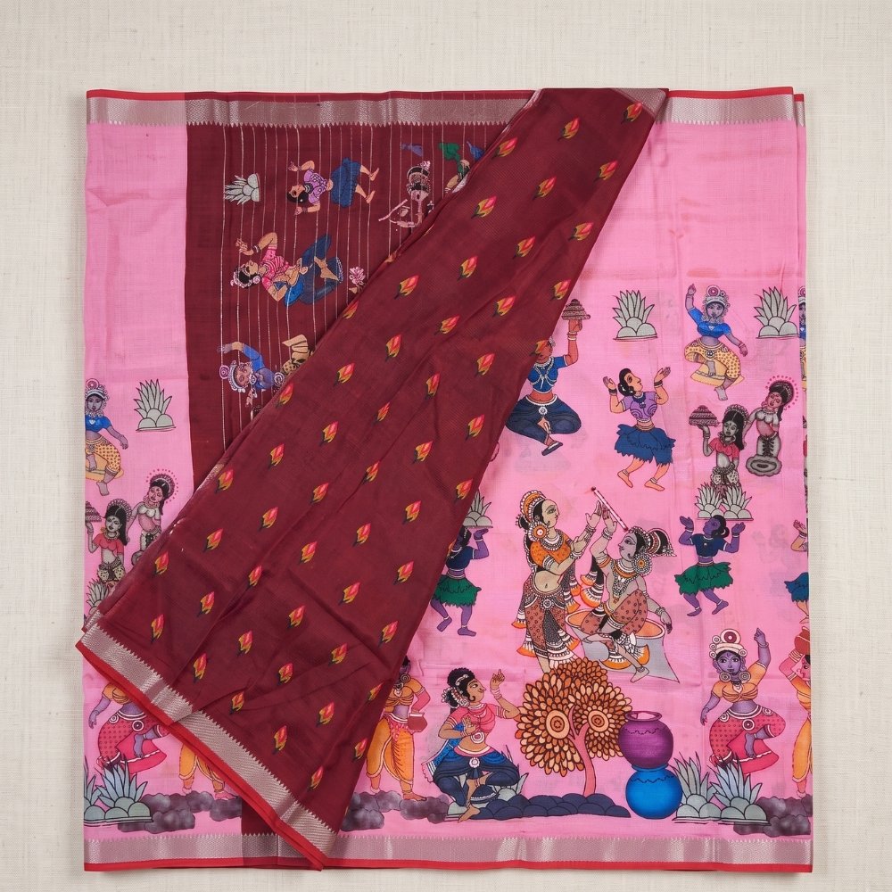 Baby Pink & Wine color Digital Print Mangalagiri Silk Cotton Saree