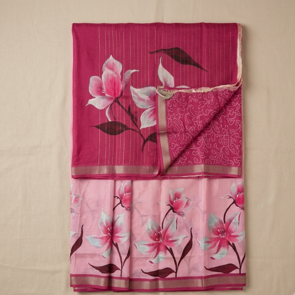 Blush Pink & Deep Wine Hand-Painted Style Lily Floral Mangalagiri Silk Cotton Saree