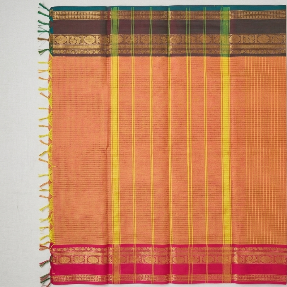 Bright Orange & Magenta Handloom Kanchi Cotton Checked Saree