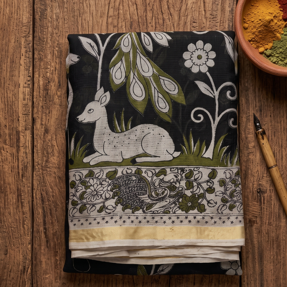 Black Kota Cotton Kalamkari Print Saree