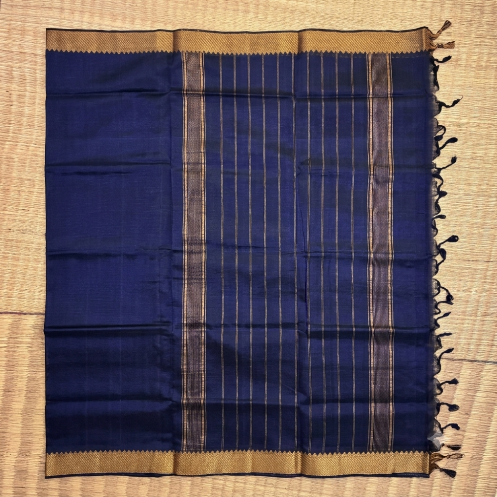 Title:  Royal Navy Blue Handloom Mangalagiri Silk Cotton Saree with Golden Zari 100 Border