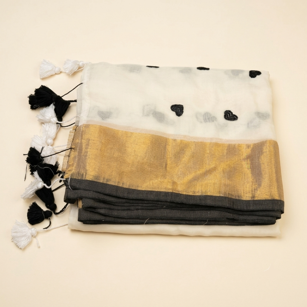 Ivory Off-White & Black Handloom Heart Motif Mul Cotton Saree