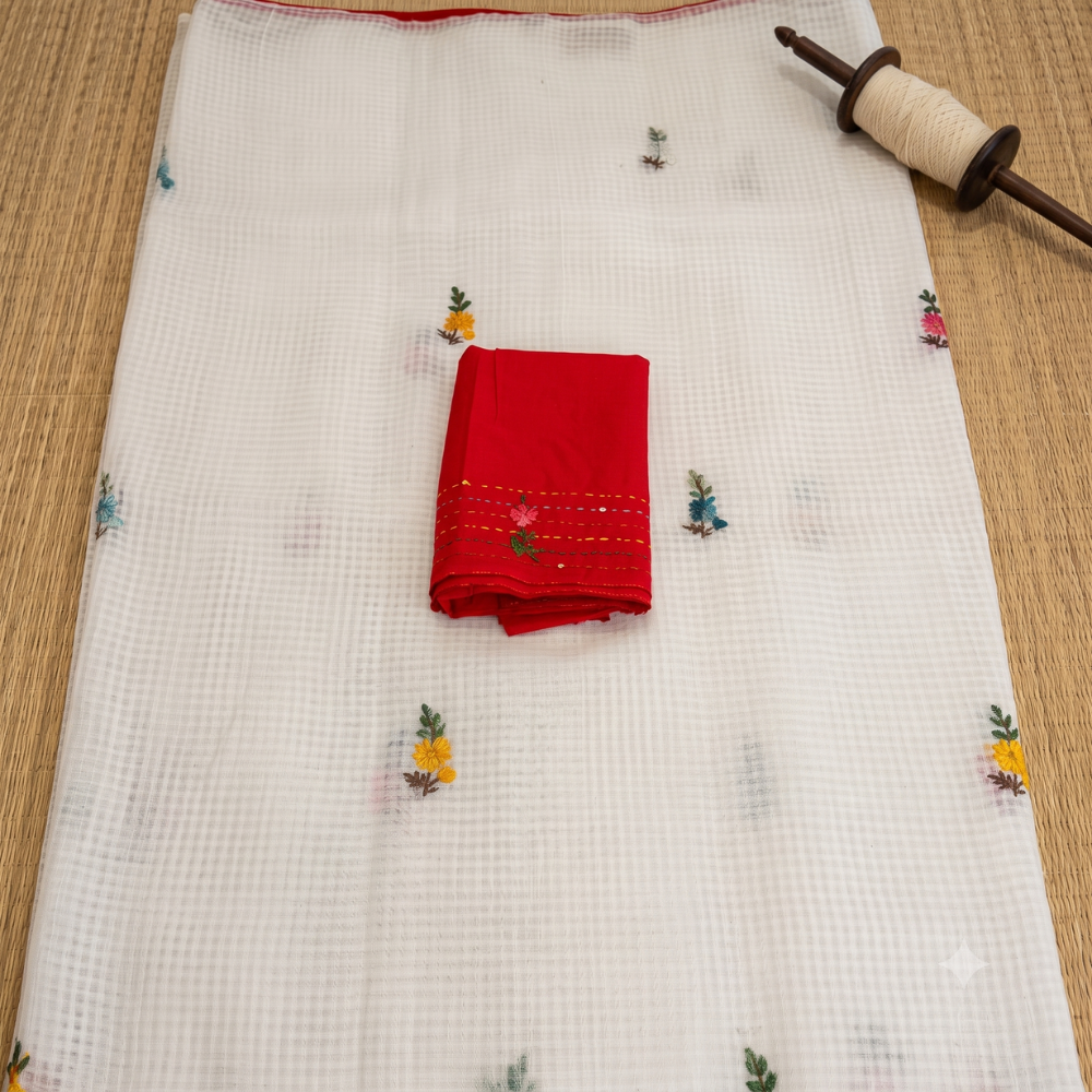 White Kota Cotton Embroidery Saree