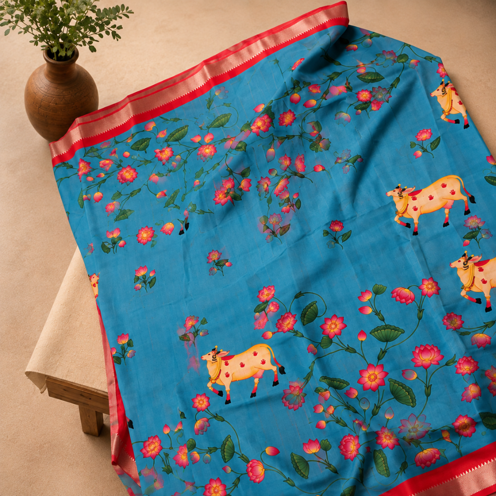 Sky Blue & Coral Red Pichwai Cow & Lotus Digital Print Mangalagiri Silk Cotton Saree