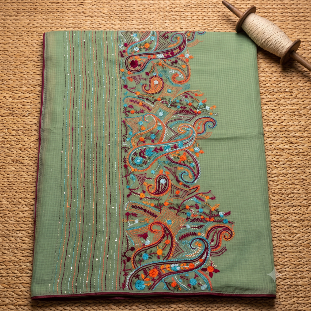 Green Kota Cotton Embroidery Saree