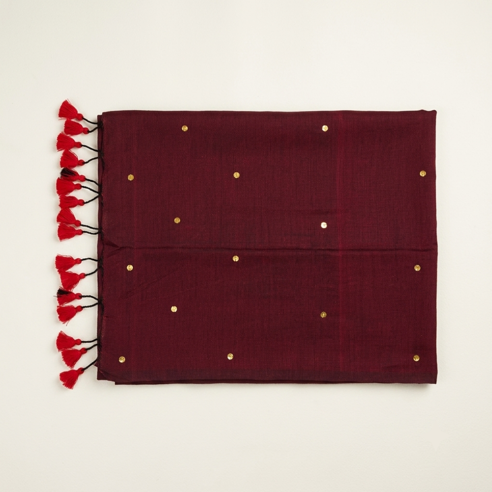 Deep Maroon Handloom Cotton Saree with Gini work and Tassels