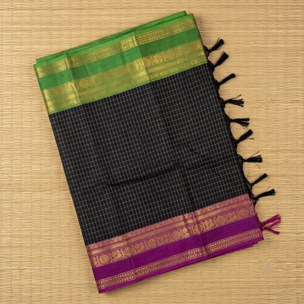 Black Handloom Ganga Jamuna Border Kanchi Cotton Checked Saree