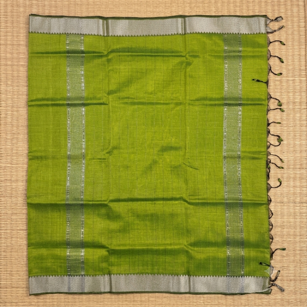 Vibrant Lime Green Handloom Mangalagiri Silk Cotton Saree with Silver Zari 100 Border