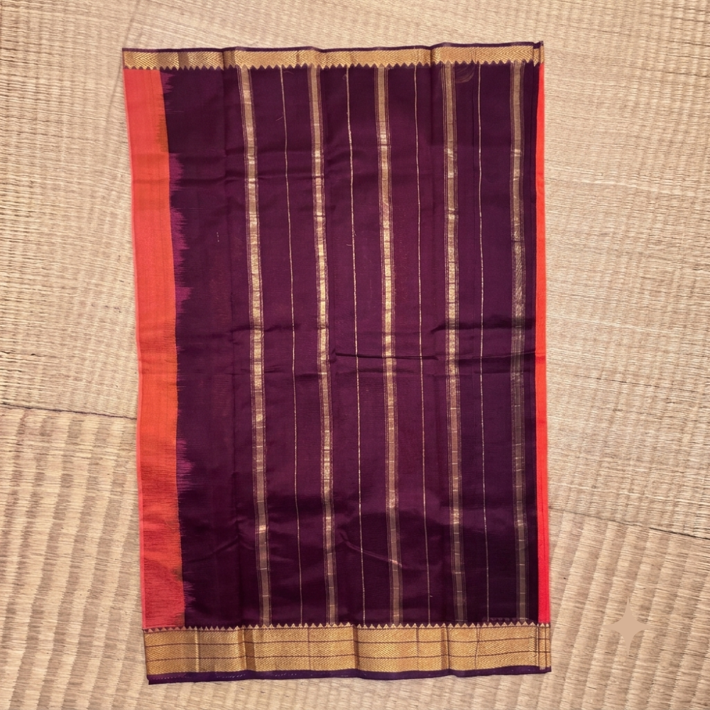 Vibrant Orange & Purple Handloom Mangalagiri Silk Cotton Saree with Golden Zari 50/150 Border  Description: