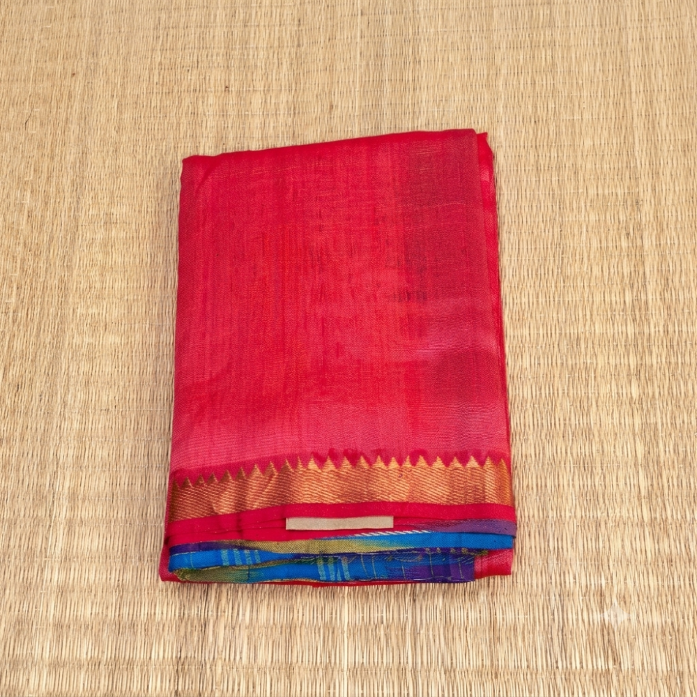 Vibrant Red & Purple-Blue Handloom Mangalagiri Silk Cotton Saree with Golden Zari 50 Border