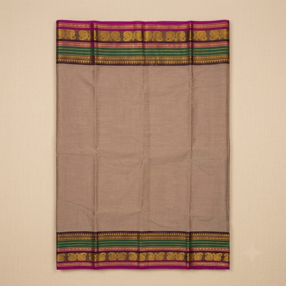Taupe Brown & Emerald Green Handloom Temple Border Kanchi Cotton Saree
