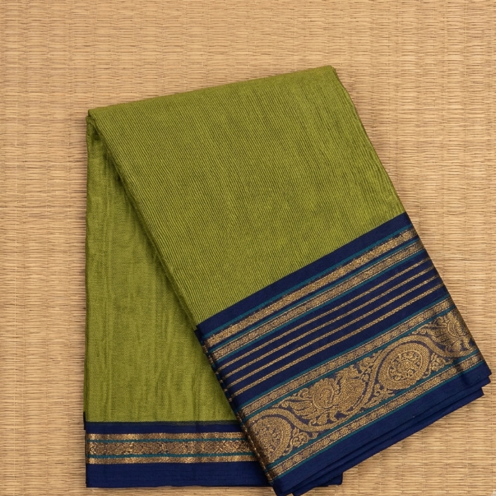 Olive Green & Indigo Zari Border Handloom Kanchi Cotton Saree