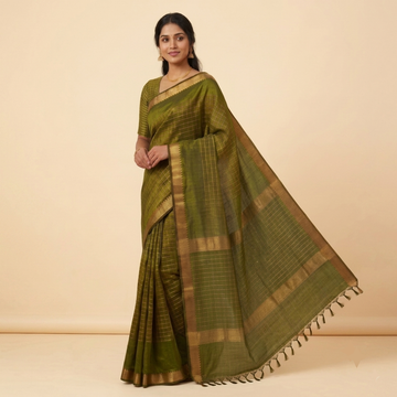 Green Colour Mangalgiri Silk Cotton Checked Sarees