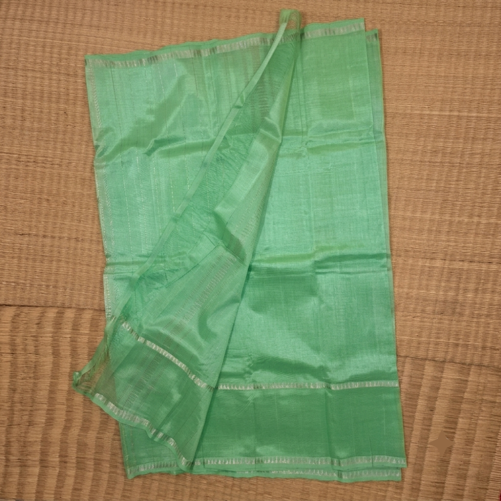 Refreshing Mint Green Handloom Mangalagiri Silk Cotton Saree with Silver Zari Gap Border
