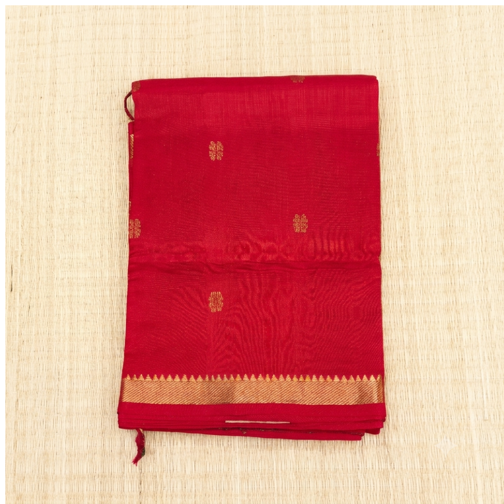 Vibrant Red & Olive Grey Handloom Mangalagiri Silk Cotton Saree with Golden Zari Butis