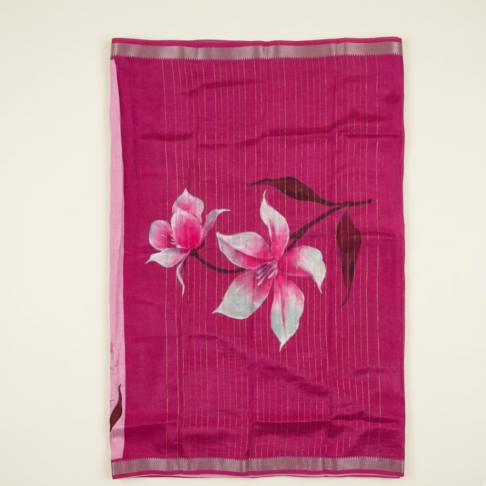 Blush Pink & Deep Wine Hand-Painted Style Lily Floral Mangalagiri Silk Cotton Saree
