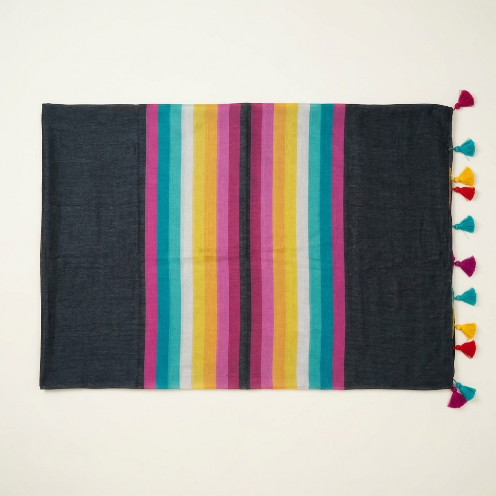 Multicolor Rainbow Stripe & Checkered Handloom Mul Cotton Saree