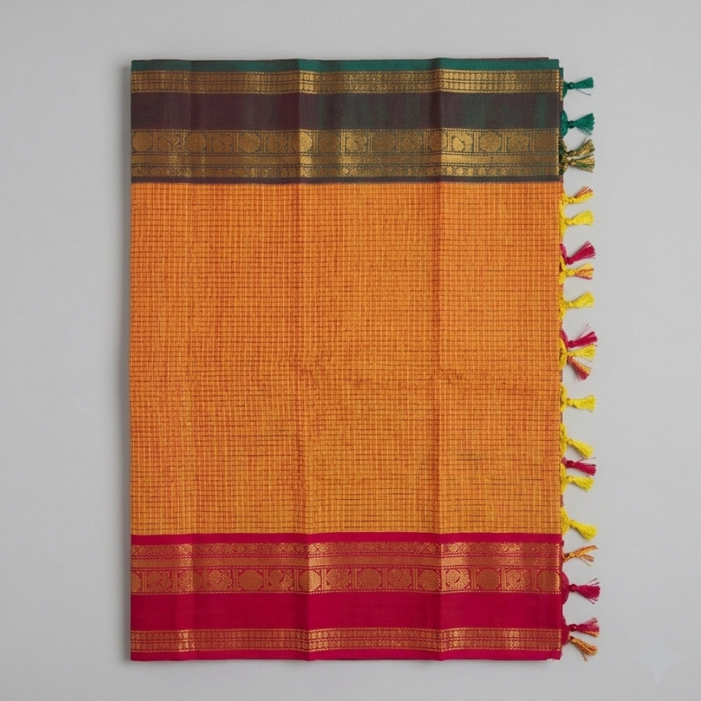 Bright Orange & Magenta Handloom Kanchi Cotton Checked Saree