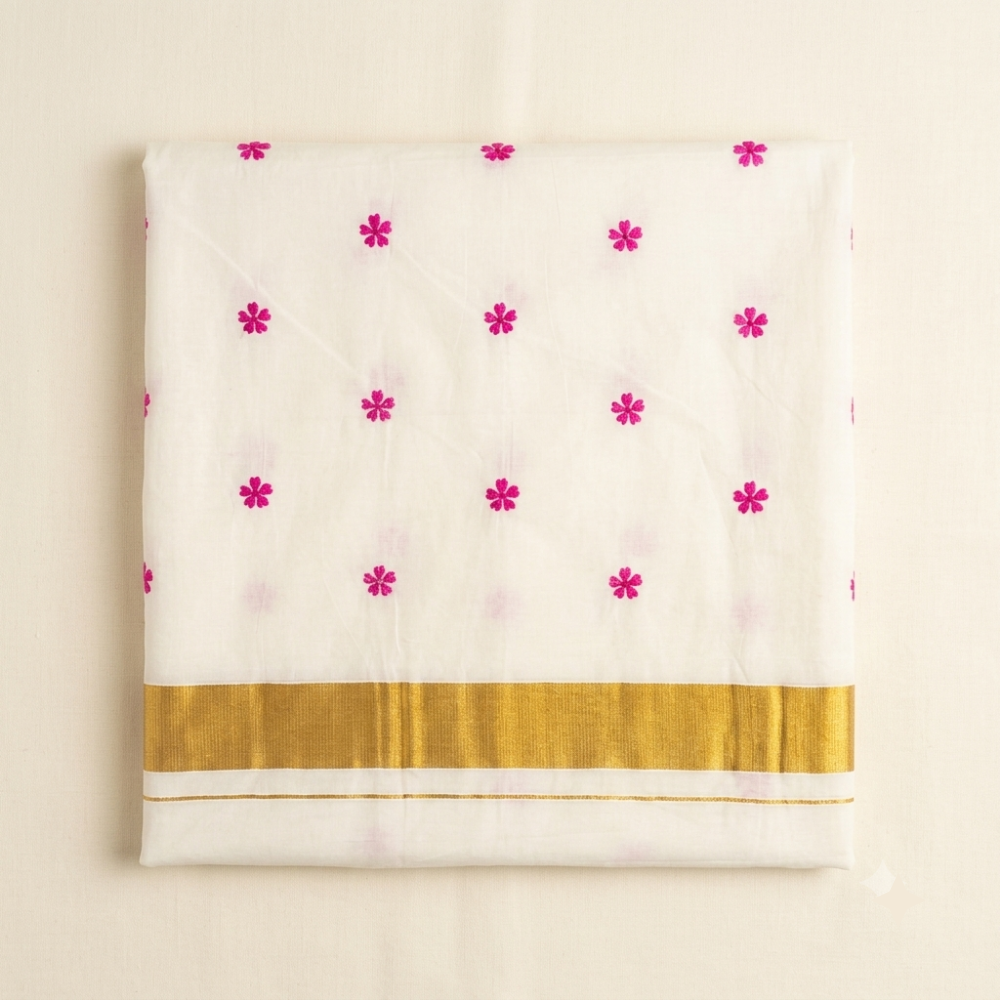 Off-White Handloom Pure Cotton Saree with Pink Floral Motifs and Golden Zari Border