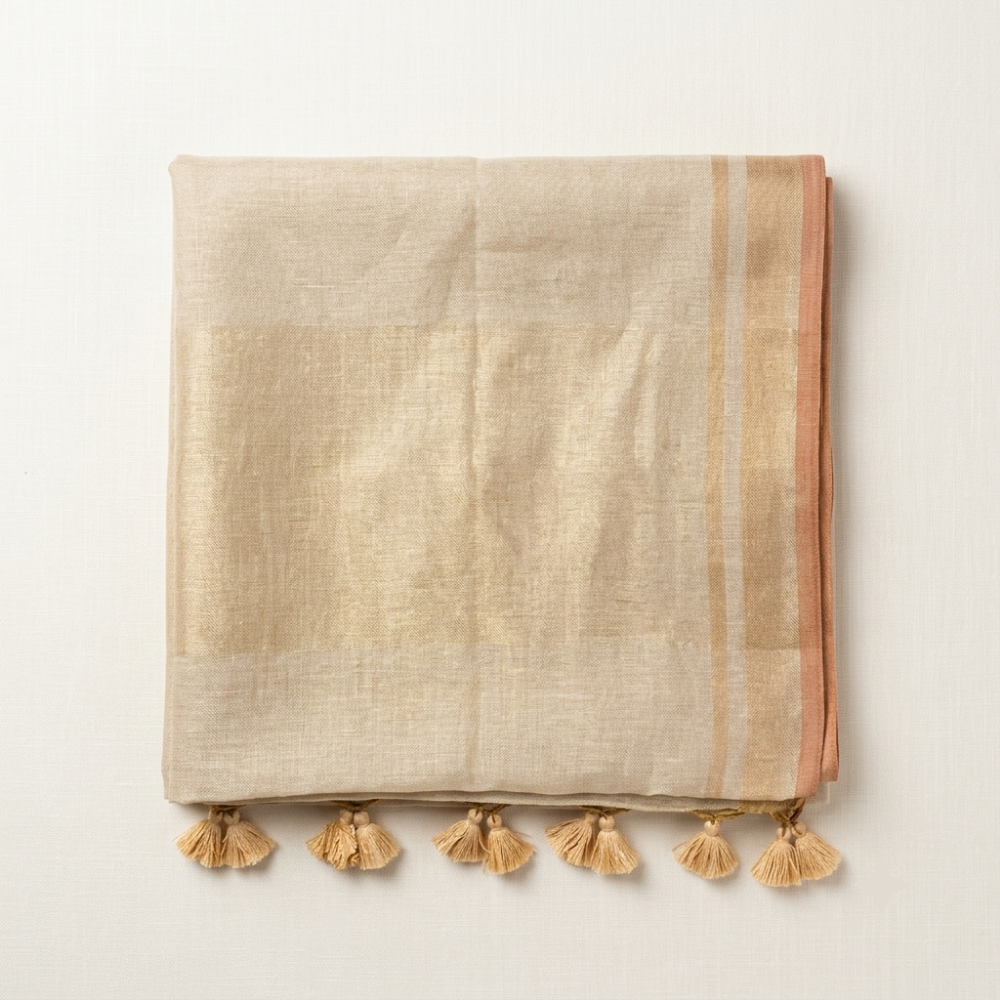 Beige Handloom Linen Cotton Saree with Metallic Zari Stripes and Copper Border