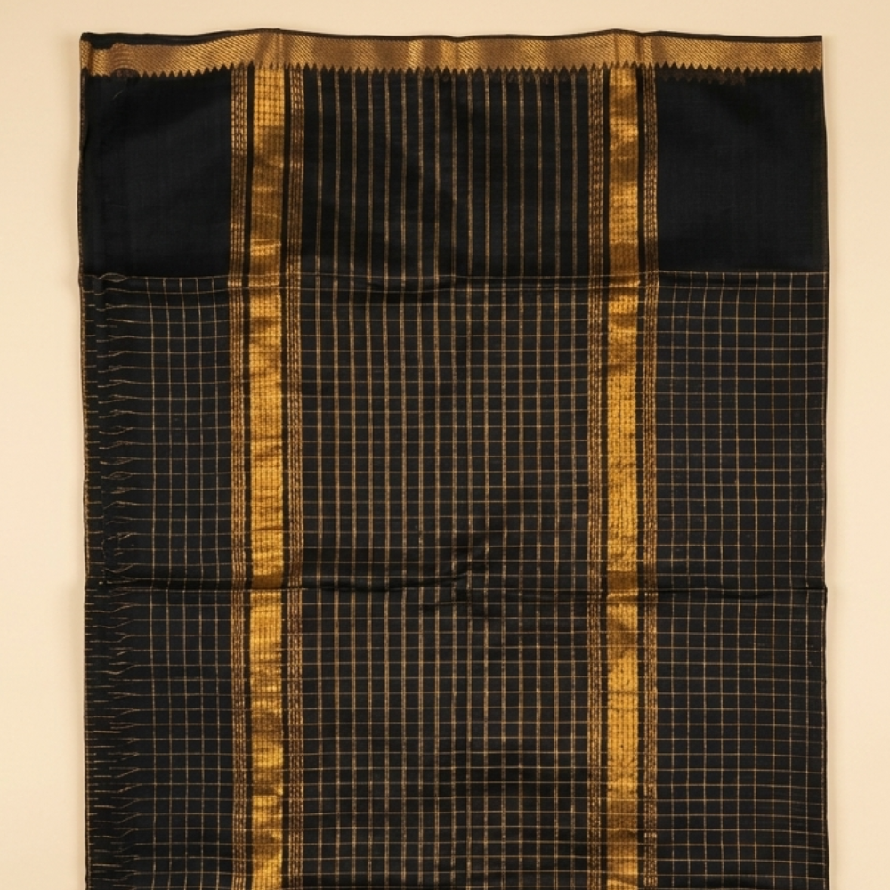 Black Colour Mangalgiri Silk Cotton Checked Sarees