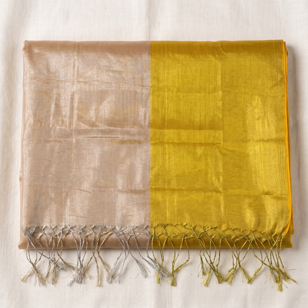Champagne Gold and Mustard Yellow Handloom Tissue Cotton Saree with Contrast Border