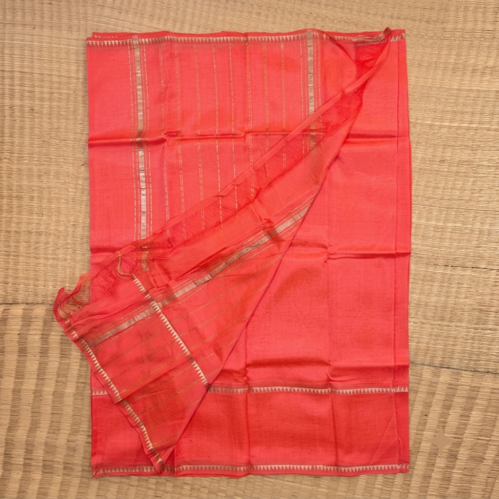 Vibrant Coral Red Handloom Mangalagiri Silk Cotton Saree with Silver Zari Gap Border