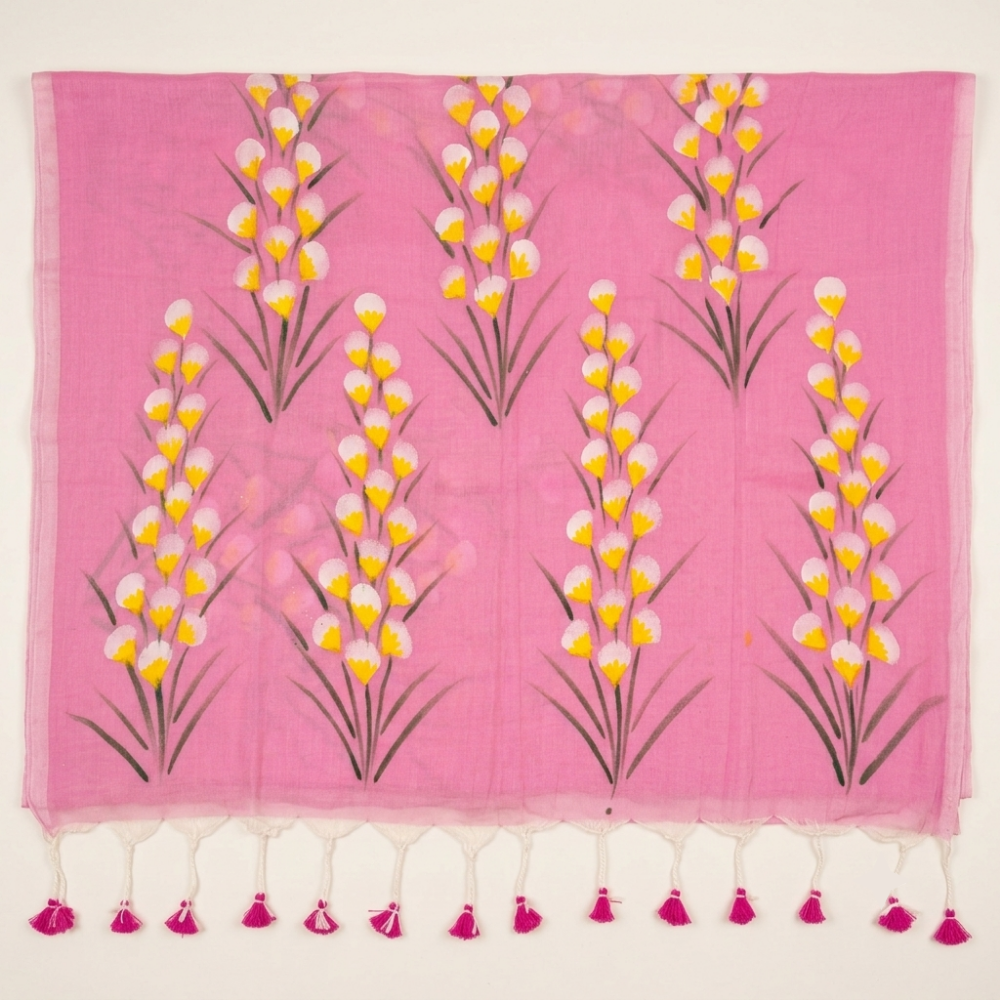 Blush Pink Handloom Hand-Painted Floral Mul Cotton Saree