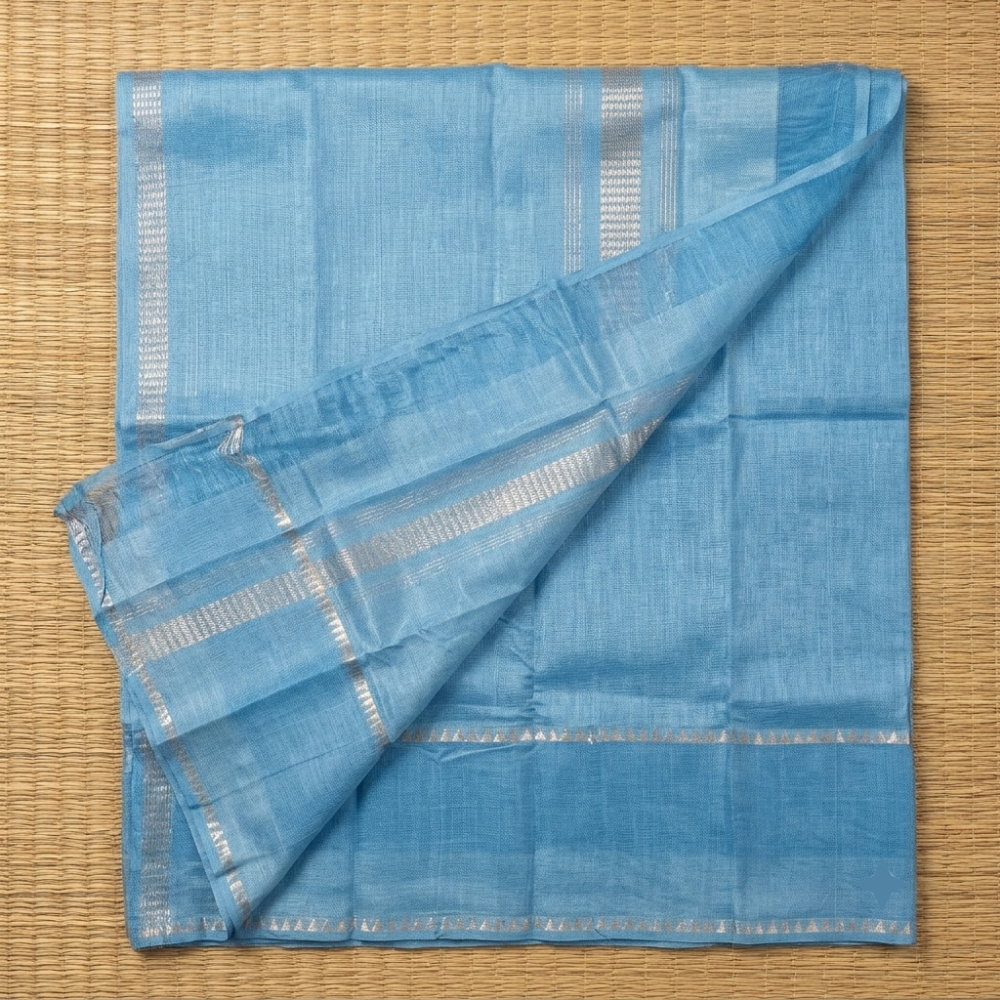 Serene Powder Blue Handloom Mangalagiri Silk Cotton Saree with Silver Zari Gap Border