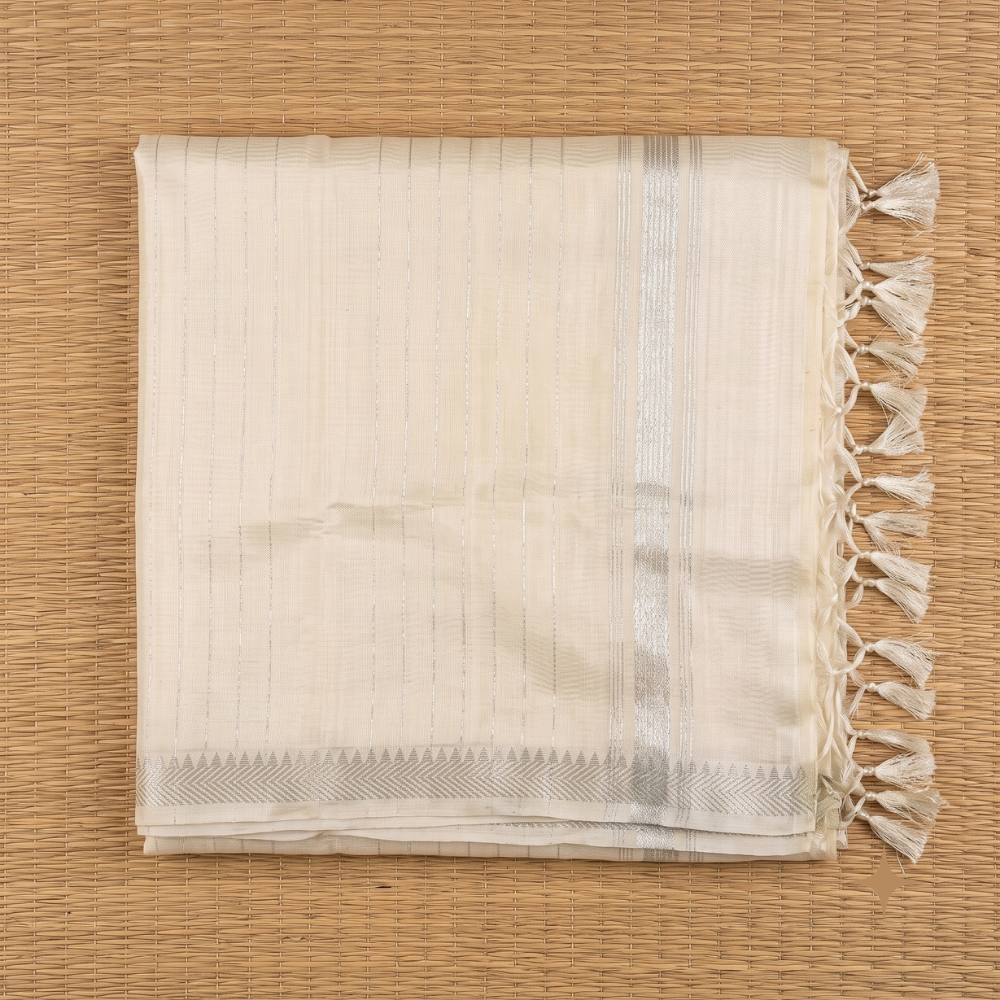 Pristine Off-White Handloom Mangalagiri Silk Cotton Saree with Silver Zari 50 Border