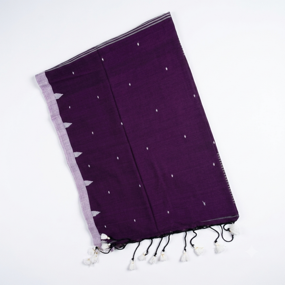 Deep Plum & Silver Accent Handloom Mul Cotton Saree