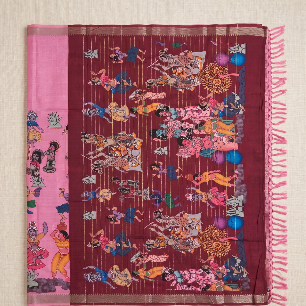 Baby Pink & Wine color Digital Print Mangalagiri Silk Cotton Saree